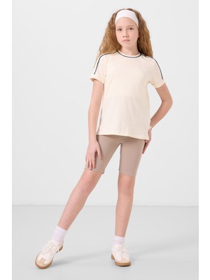 Koyu Bej Pamuklu Kısa Paça Standart Fit Basic Kız Çocuk Tayt - 75188