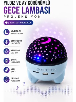 Northcity Gökyüzü Temalı Bluetooth Hoparlörlü Şarjlı Çocuk Gece Lambası - 5 Saat Pil Ömrü ve Su Geçirmez Tasarım
