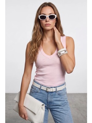FullaModa Basic Ribanalı V Yaka Bluz