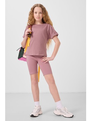 Gül Kurusu Pamuklu O Yaka Oversize Fit Basic Kız Çocuk T-Shirt - 75182
