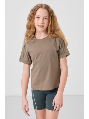 Koyu Bej Pamuklu O Yaka Oversize Fit Basic Kız Çocuk T-Shirt - 75182