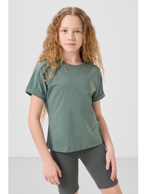 Açık Yeşil Pamuklu O Yaka Oversize Fit Basic Kız Çocuk T-Shirt - 75182