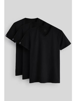 Standart Fit Basic V Yaka  3lü Paket Siyah Erkek T-Shirt  87912