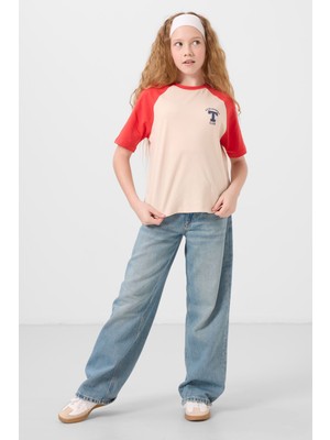Bej O Yaka  Pamuklu Baskılı Oversize Fit Kız Çocuk T-Shirt - 75179