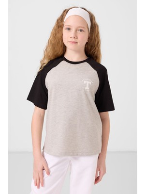 Gri Melanj O Yaka  Pamuklu Baskılı Oversize Fit Kız Çocuk T-Shirt - 75179