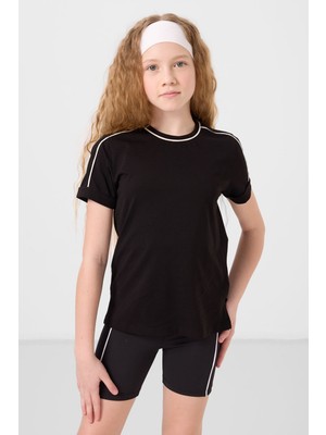 Siyah Pamuklu O Yaka Standart Fit Basic Kız Çocuk T-Shirt - 75177