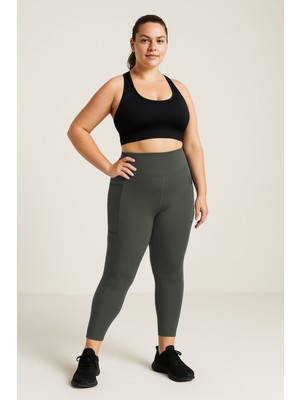 Haki Esnek Standart Fit Performans Battal Büyük Beden Kadın Tayt - 94652