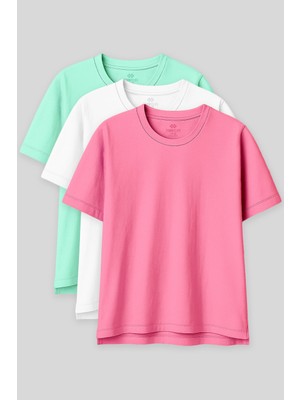 Oversize Fit Basic O Yaka 3lü Paket Su Yeşili-Beyaz-Şeker Pembe Kadın T-Shirt  97285