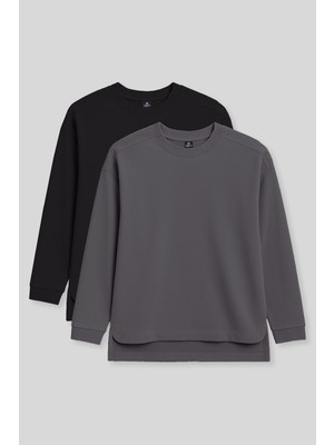 Rahat Form O Yaka 2li Paket Siyah-Koyu Gri Kadın Tunik Sweatshirt - 97305