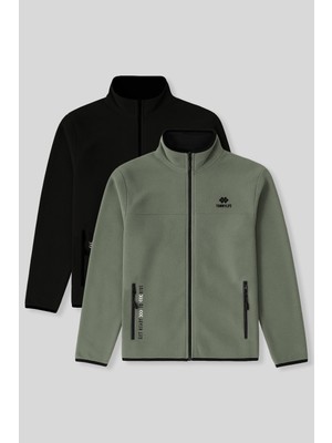 Standart Kalıp Dik Yaka 2li Paket Siyah-Çağla Erkek Polar Sweatshirt - 87992