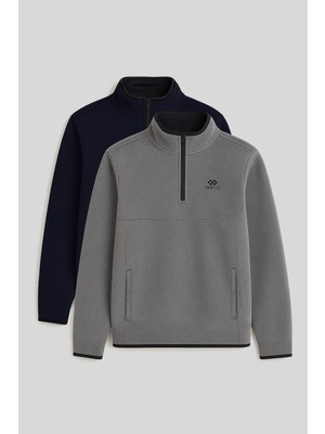 Tommy Life Dik Yaka Yarım Fermuarlı 2li Paket Lacivert-Gri Melanj Erkek Polar Sweatshirt - 87891