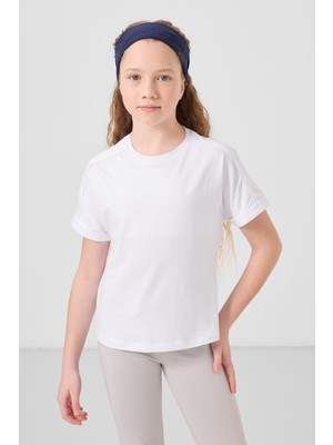 Beyaz Pamuklu O Yaka Oversize Fit Basic Kız Çocuk T-Shirt - 75182
