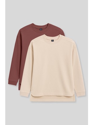 Tommy Life Rahat Form O Yaka 2li Paket Bej-Kahverengi Kadın Tunik Sweatshirt - 97305