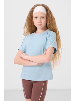Açık Mavi Pamuklu O Yaka Oversize Fit Basic Kız Çocuk T-Shirt - 75182