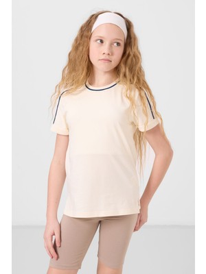 Ekru Pamuklu O Yaka Standart Fit Basic Kız Çocuk T-Shirt - 75177