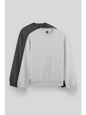 Tommy Life Rahat Form Basic O Yaka 2li Paket Koyu Gri-Taş Erkek Sweatshirt - 88053