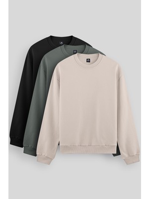 Tommy Life Rahat Form Basic O Yaka  3lü Paket Siyah-Bej-Çağla Erkek Sweatshirt 88053