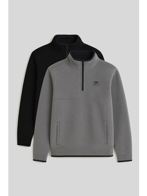 Tommy Life Dik Yaka Yarım Fermuarlı 2li Paket Siyah-Gri Melanj Erkek Polar Sweatshirt - 87891