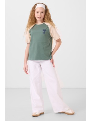 Açık Yeşil O Yaka  Pamuklu Baskılı Oversize Fit Kız Çocuk T-Shirt - 75179