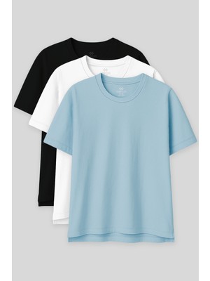 Tommy Life Oversize Fit Basic O Yaka 3lü Paket Siyah-Beyaz-Açık Mavi Kadın T-Shirt  97285