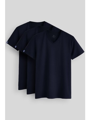 Standart Fit Basic V Yaka  3lü Paket Lacivert Erkek T-Shirt  87912