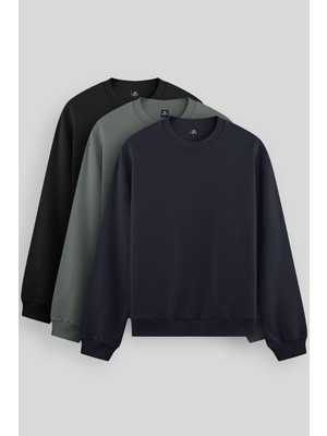 Tommy Life Rahat Form Basic O Yaka  3lü Paket Siyah-Lacivert-Çağla Erkek  Sweatshirt  88053