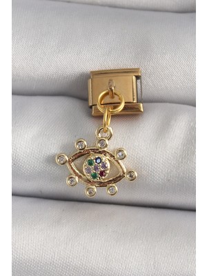 Aydogan's Ayd 316L Çelik Gold Renk Sallantı Zirkon Taşlı Göz Model Nomination Charm