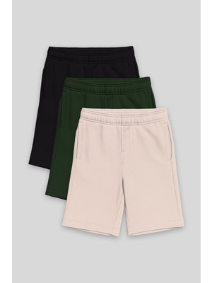 Standart Fit Basic 3lü Paket Siyah-Çam Yeşili-Bej Erkek Çocuk Şort - 11293