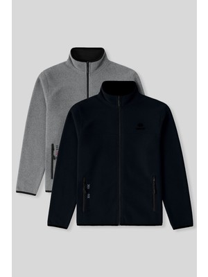 Standart Kalıp Dik Yaka 2li Paket Lacivert-Gri Melanj Erkek Polar Sweatshirt - 87992