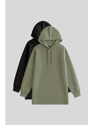Oversize Kapüşonlu 2li Paket Siyah-Çağla Kadın Tunik Sweatshirt - 97242