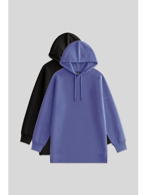 Oversize Kapüşonlu 2li Paket Siyah-Eflatun Kadın Tunik Sweatshirt - 97242
