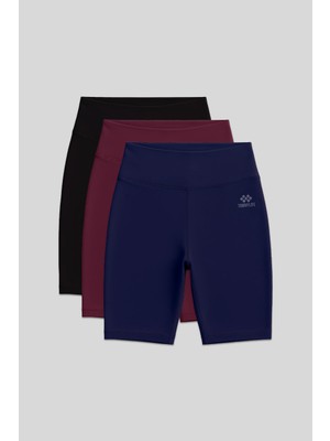 Slim Fit 3lü Paket Siyah-Indigo-Bordo Kadın Kısa Biker Tayt - 91007