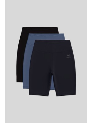 Slim Fit 3lü Paket Siyah-Antrasit-Petrol Kadın Kısa Biker Tayt - 91007