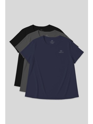 Tommy Life Rahat Form 3lü Paket Siyah-İndigo-Koyu Gri Büyük Beden Performans Kadın T-Shirt-97308