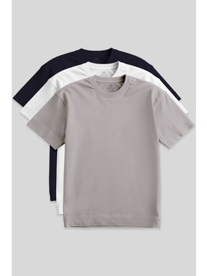 Tommy Life Basic O Yaka Büyük Beden  3lü Paket Beyaz-Lacivert-Koyu Bej Erkek T-Shirt  88072