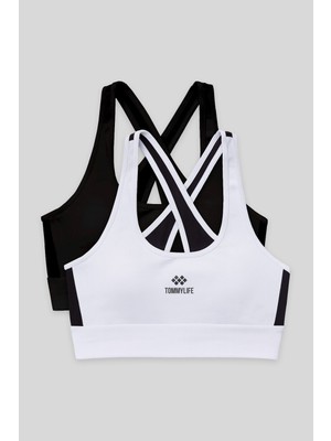 Slim Fit U Yaka 2li Paket Siyah-Beyaz Kadın Spor Büstiyer - 97121