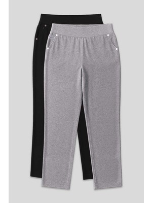 Tommy Life Rahat Form 2li Paket Siyah-Gri Melanj Büyük Beden Kadın Eşofman Alt - 94040