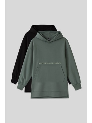 Oversize Kapüşonlu 2li Paket Siyah-Çağla Kadın Tunik Sweatshirt - 97163