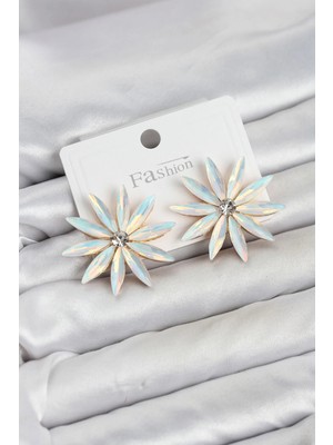 Nuveden Beyaz Renk Kristal Taşlı Lotus Model Kadın Küpe