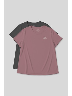 Tommy Life Rahat Form 2li Paket Koyu Gri-Gül Kurusu Büyük Beden Performans Kadın T-Shirt-97308