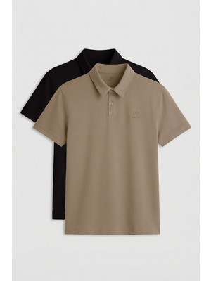 Tommy Life Standart Fit Basic Polo Yaka 2li Paket Siyah-Koyu Bej Erkek T-Shirt - 87748