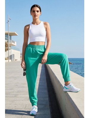 Deniz Yeşili Yüksek Bel Jogger Rahat Form Manşetli Kadın Eşofman Alt - 94561