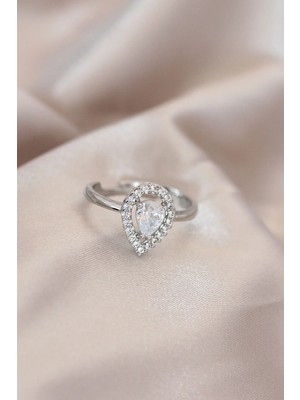 My Best Store Ayarlamalı Silver Renk Metal Zirkon ve Kristal Taşlı Damla Model Yüzük