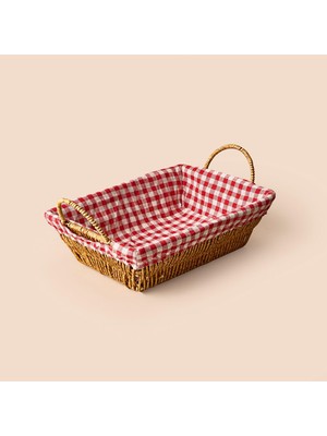 1001 Amberhaus Doğal Rattan Kumaşlı Ekmeklik ve Sunum Sepeti - Kırmızı Kumaş Örtülü Rustik Kahv