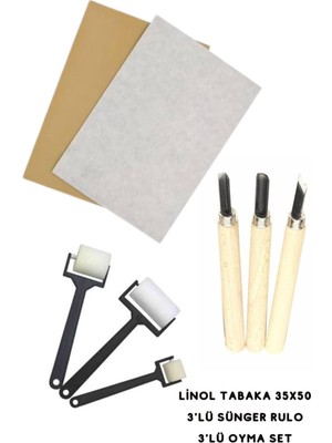 1001 Esmay Linol Tabaka Linol Muşamba Levha 2.5 mm 35X50 cm 3'lü Sünger Rolo Merdane 3'lü Oyma Set Gn