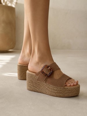 Butik Noble Shoes Hakiki Deri Kahve  Dolgu Topuk Kadın Terlik