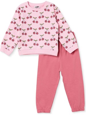 Hellobaby Kız Bebek Eşofman Takımı Kiraz Baskılı Bisiklet Yaka Uzun Kol Lastikli