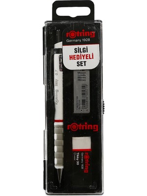 1001 Rotring Tikky Mekanik Kurşun Kalem, Uç ve Silgi Seti, 0,7 mm Kalem, 2b Uç, Orta Boy Silgi, Beyaz,