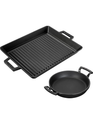 1001 Lava Döküm Izgara Tava 26X32 & 20 cm Sahan Set - Gerçek Izgara Lezzeti Evde