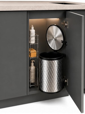 1001 Banyo, Mutfak Dolap Içi 11 Litre Metal Çöp Kovası – Krom, Tüm Dolaplara Uyumlu Tezgah Altı �